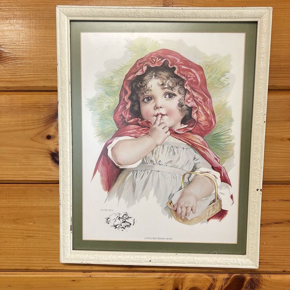 Antique Maud Humphrey Bogart Stone Lithograph Little Red Riding Hood~Framed/Sign